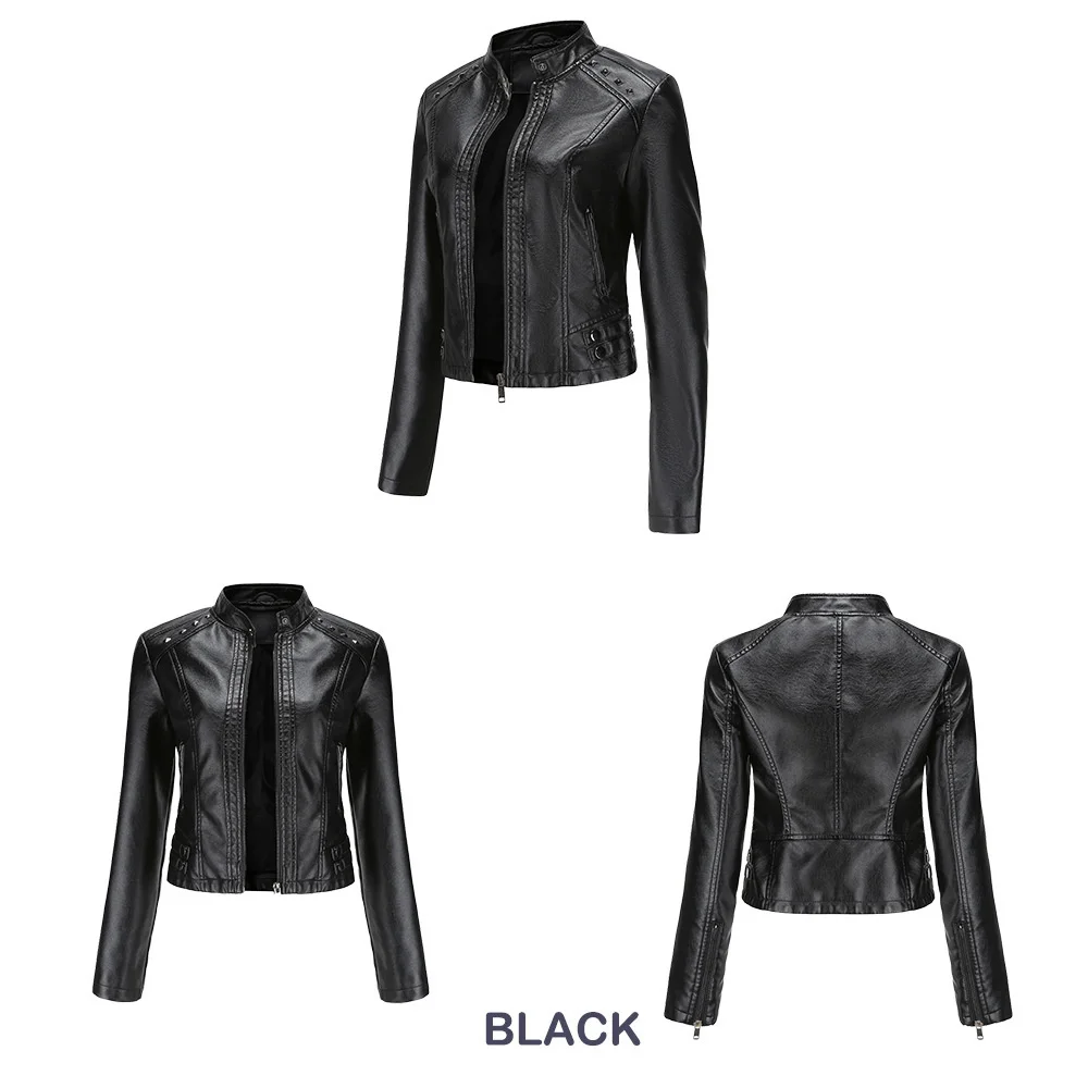 New In Women Sring Autumn Black Faux Leather Jackets Zipper Rivet Short Basic Coat Fashion Slim Female Motor Biker Pu Jacket