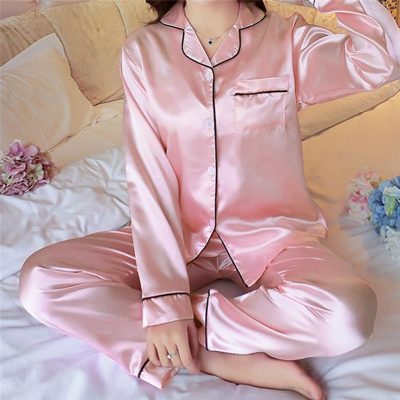 Women Silk Pyjama Set 2 Pieces Sleepwear Homewear Long Sleeve Pants Home Clothes Night Wear For Women