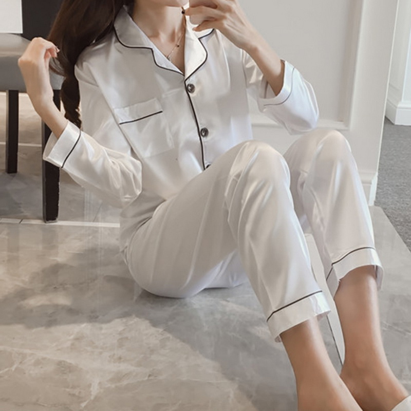 Women Silk Pyjama Set 2 Pieces Sleepwear Homewear Long Sleeve Pants Home Clothes Night Wear For Women