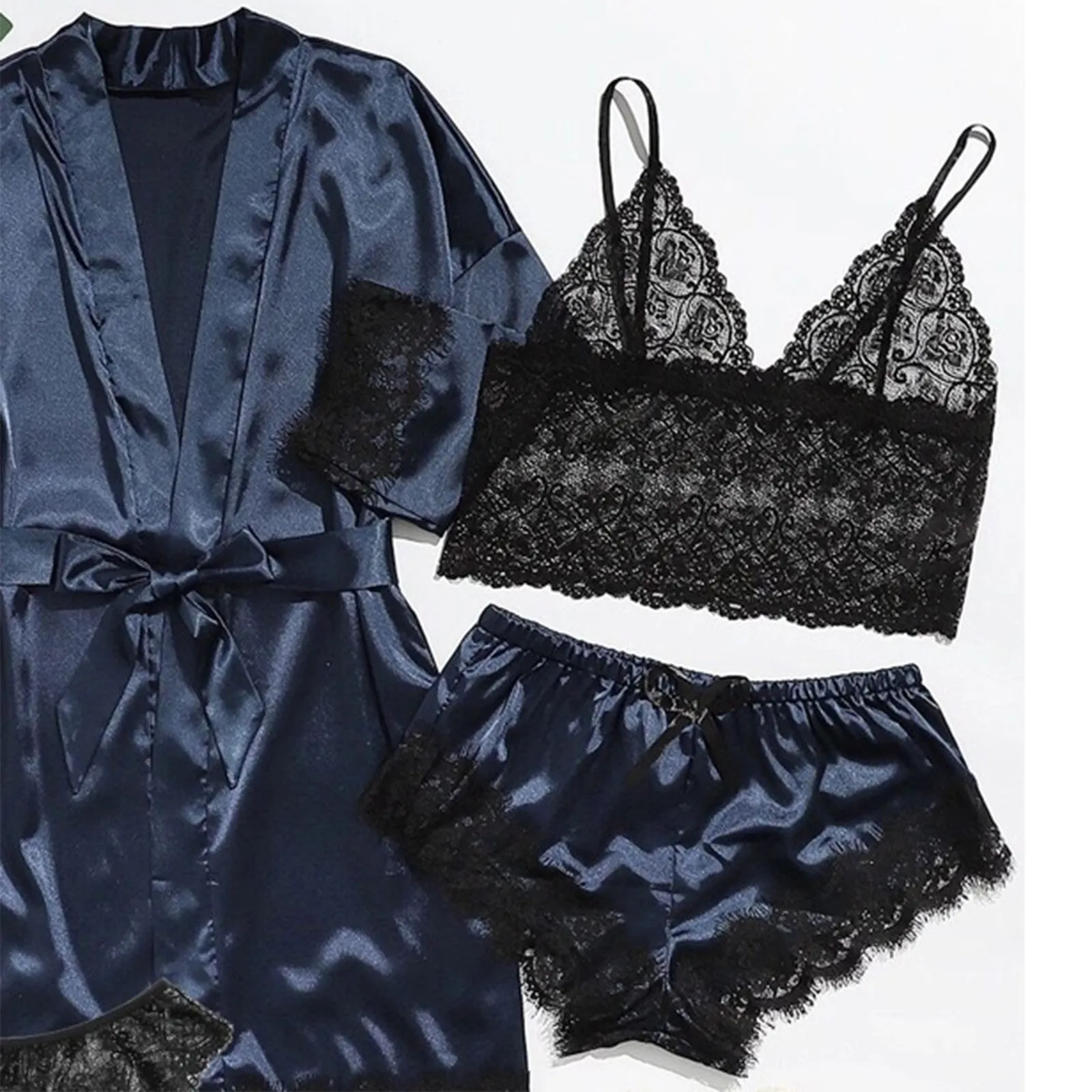 Women' Silk Satin Pajamas Set 4pcs Lingerie Floral Lace Sleepwear With Robe Nightgown Long
