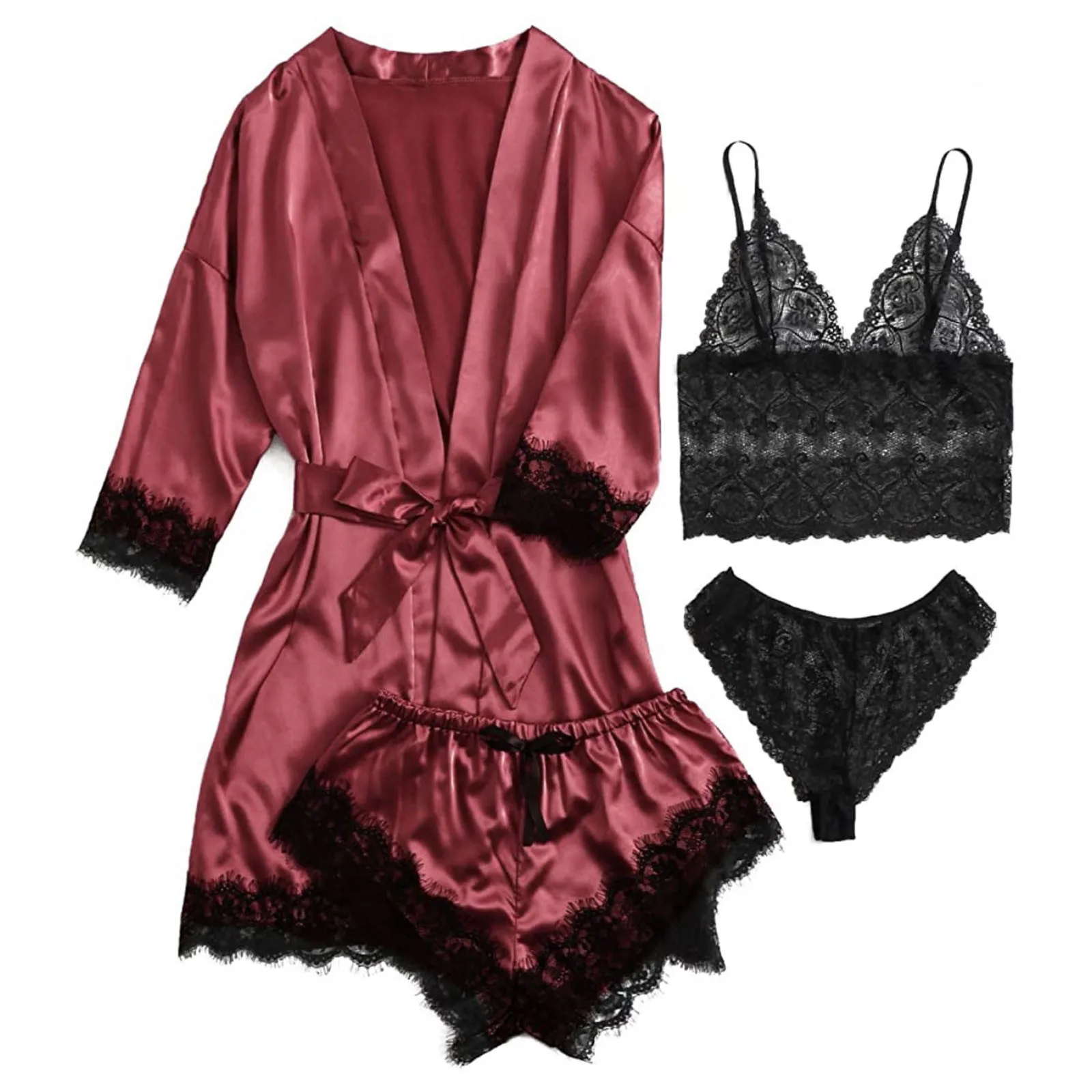 Women' Silk Satin Pajamas Set 4pcs Lingerie Floral Lace Sleepwear With Robe Nightgown Long