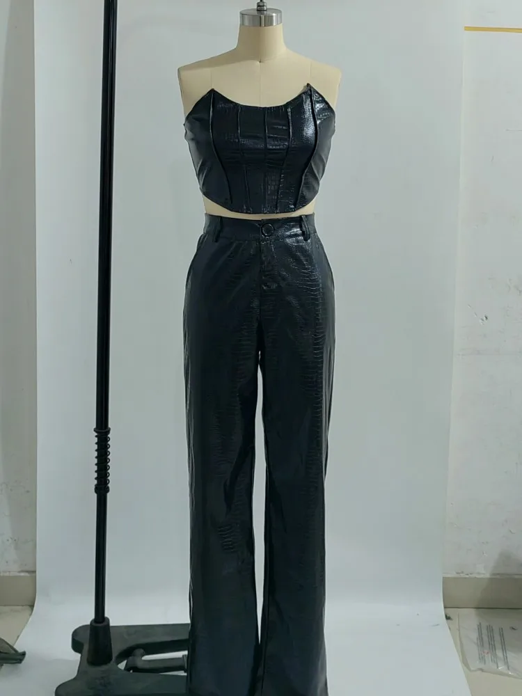 CM.YAYA Faux Leather Women's Set Sleeveless Zipper Fly Crop Top and Wide Leg Pants 2024 PU Two 2 Piece Sets Outfits Tracksuit
