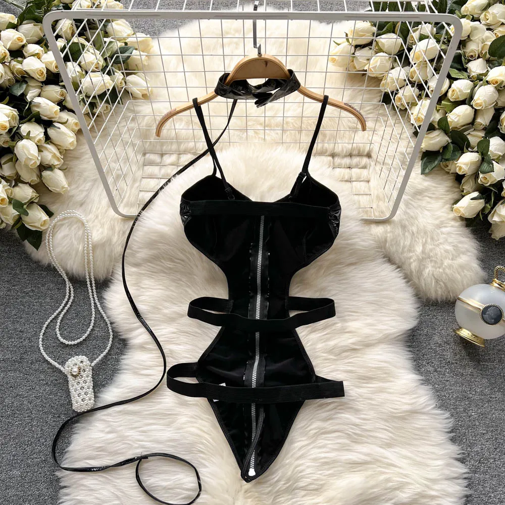CHILLGIO Women Sexy PU Zipper Bodysuits Fashion Erotic Combination Strappy Rompers One Piece Solid Faux Leather Backless Catsuit
