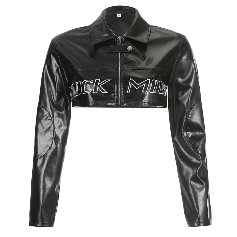 SUCHCUTE Moto&Biker Letter Print Women Outwear Leather PU Long Sleeve Zipper Jacket Goth Dark Streetwear Lapel Motorcycle Suit