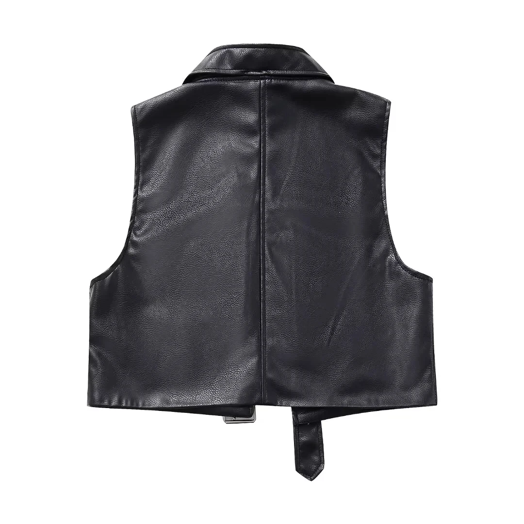 Nlzgmsj TRAF 2024 Woman 2 Pieces Sets Faux Leather Short Vest Tops + Midi Long Skirts Autumn Casual Slim Sets