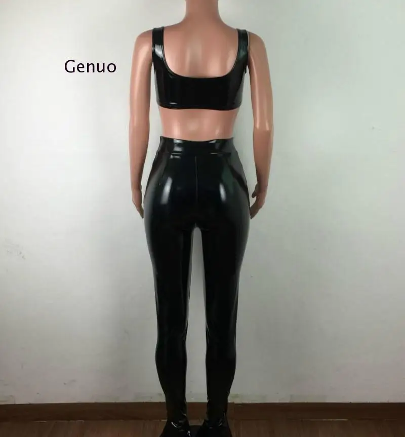 Women Winter Pu Faux Leather Sexy 2 Piece Set Low Neck Sleeveless Crop Top and Flare Bottom Pant Suits Club Party Outfit