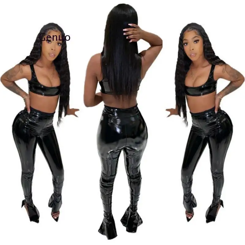 Women Winter Pu Faux Leather Sexy 2 Piece Set Low Neck Sleeveless Crop Top and Flare Bottom Pant Suits Club Party Outfit