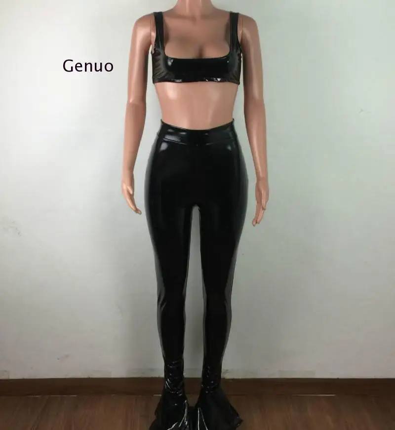 Women Winter Pu Faux Leather Sexy 2 Piece Set Low Neck Sleeveless Crop Top and Flare Bottom Pant Suits Club Party Outfit