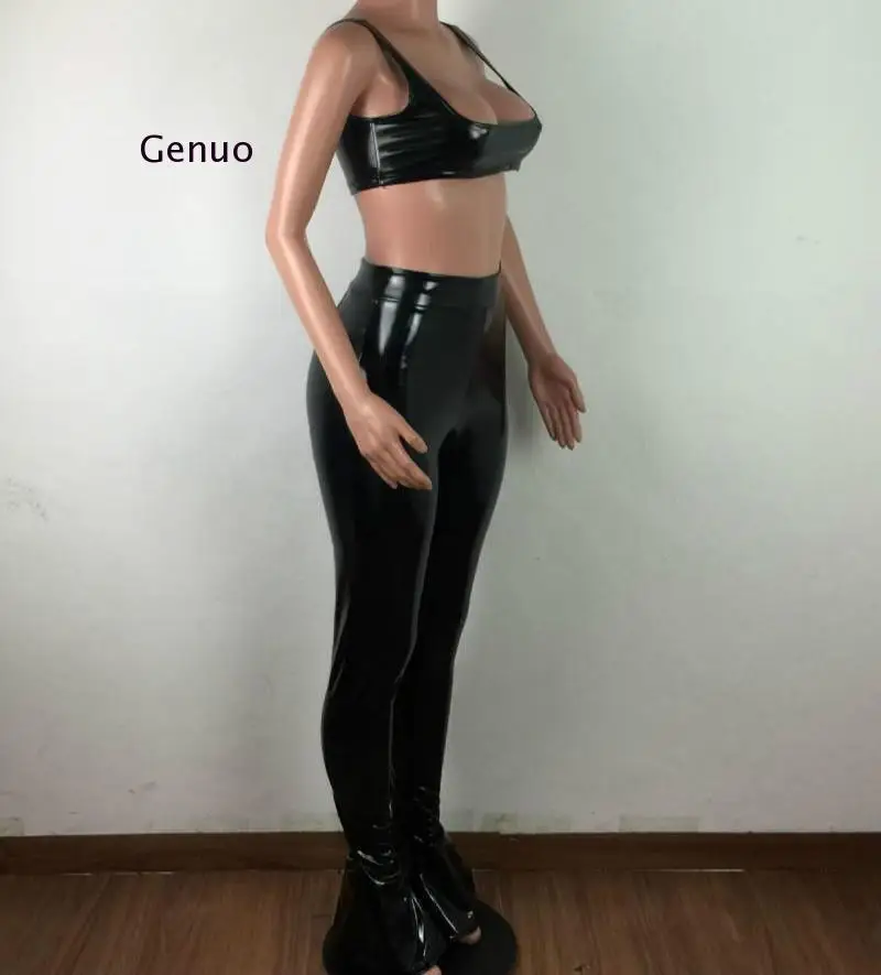 Women Winter Pu Faux Leather Sexy 2 Piece Set Low Neck Sleeveless Crop Top and Flare Bottom Pant Suits Club Party Outfit