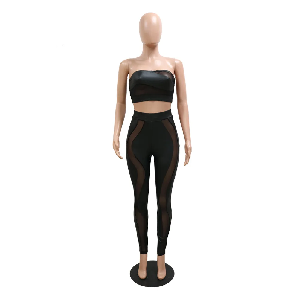 Mesh Faux Leather Patchwork Women 2pcs Set Strapless Crop Tops and Leggings Set Sweatsuit Tracksuit Two Piece Set Outfit