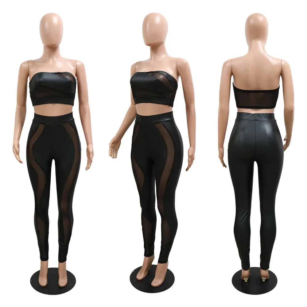 Mesh Faux Leather Patchwork Women 2pcs Set Strapless Crop Tops and Leggings Set Sweatsuit Tracksuit Two Piece Set Outfit