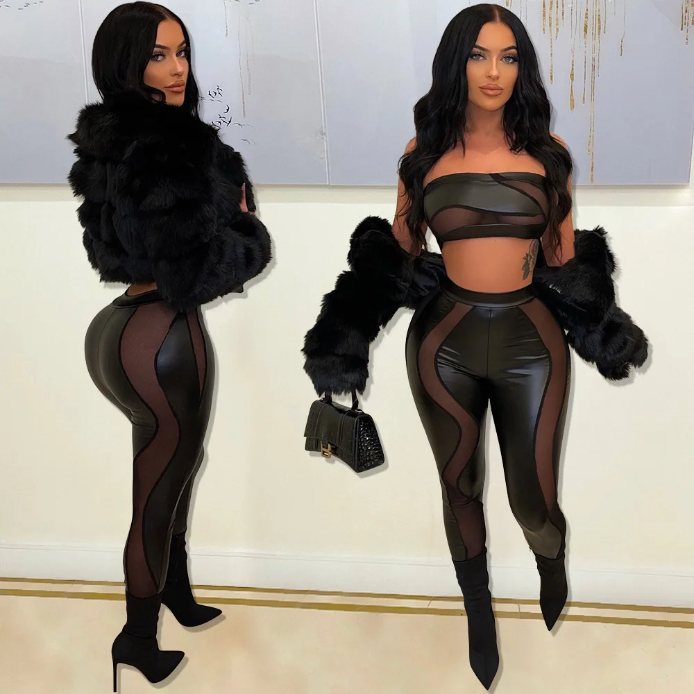 Mesh Faux Leather Patchwork Women 2pcs Set Strapless Crop Tops and Leggings Set Sweatsuit Tracksuit Two Piece Set Outfit