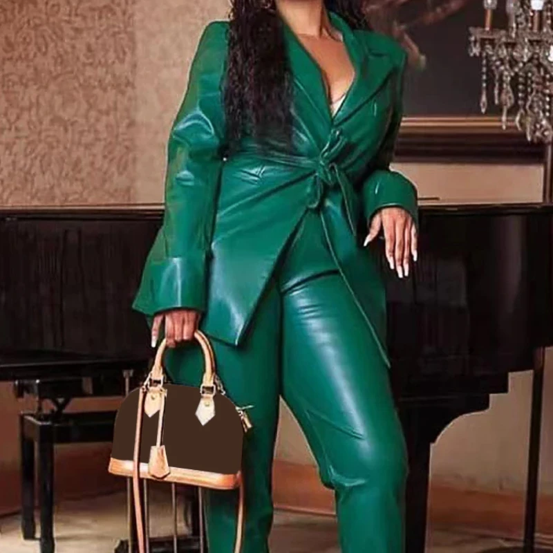Fall Winter Women Sets PU Leather Notched Lapel Big Size Lace Up PU 2 Piece Outfits Dark Green Faux Leather Jacket Pants Suit