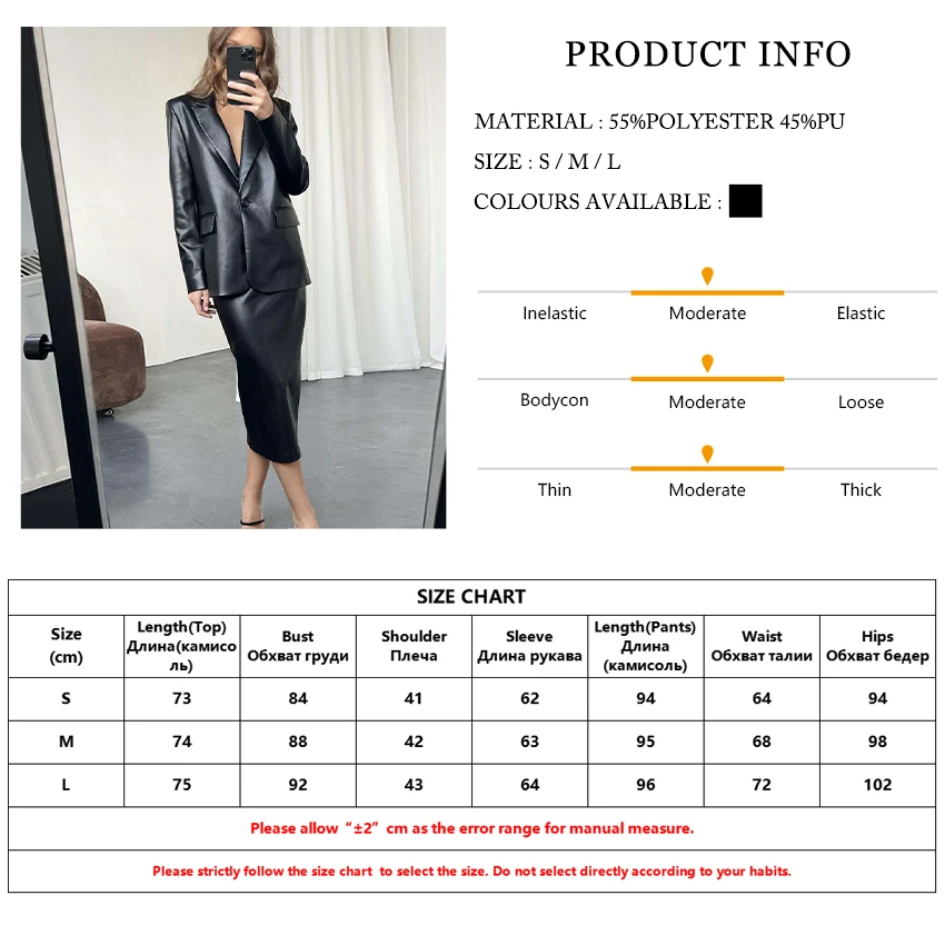 Clacive Fashion Black Pu Leather Skirt Sets For Women 2 Pieces Elegant Long Sleeve Blazers With High Waist Long Skirts Suits