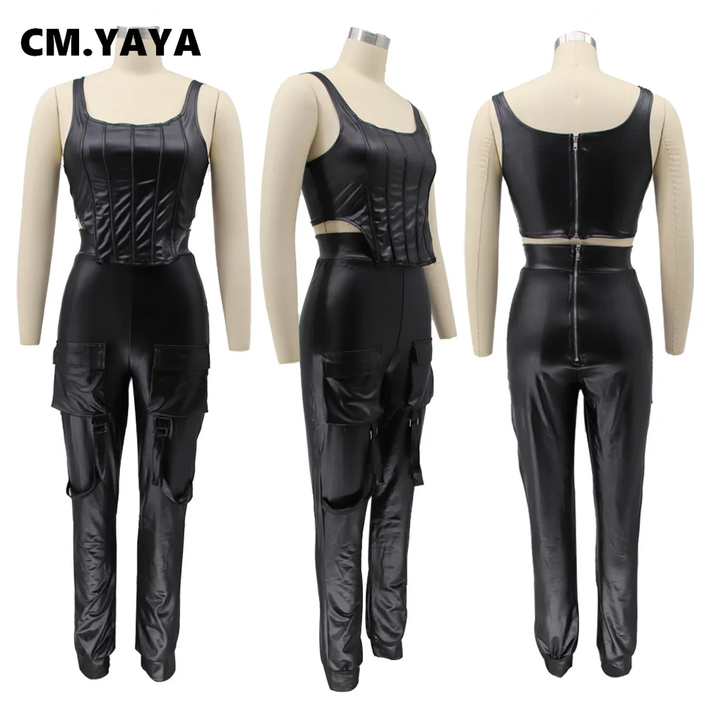 CM.YAYA Elegant Faux Leather PU Women Set Tunic Tank Tops Safari Pants Suit Sweatsuit Tracksuit Two Piece Set Fitness Outfits
