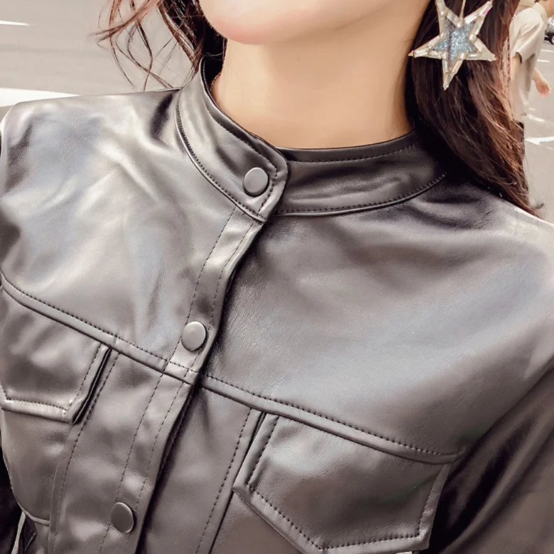 2 Pieces sexy skirt leather Sets women ladies PU Leather jacket and skirt Feminina Buttons long sleeve coat high waist skirt