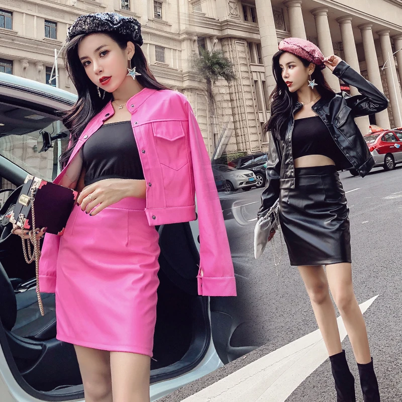 2 Pieces sexy skirt leather Sets women ladies PU Leather jacket and skirt Feminina Buttons long sleeve coat high waist skirt