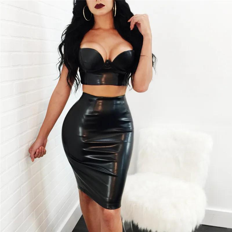 V-Neck Wetlook PVC PU Leather Two Piece Set for Women Faux Leather Crop Top & Bodycon Skirt 2 Piece Outfit Viquinis 2020 Ddlg