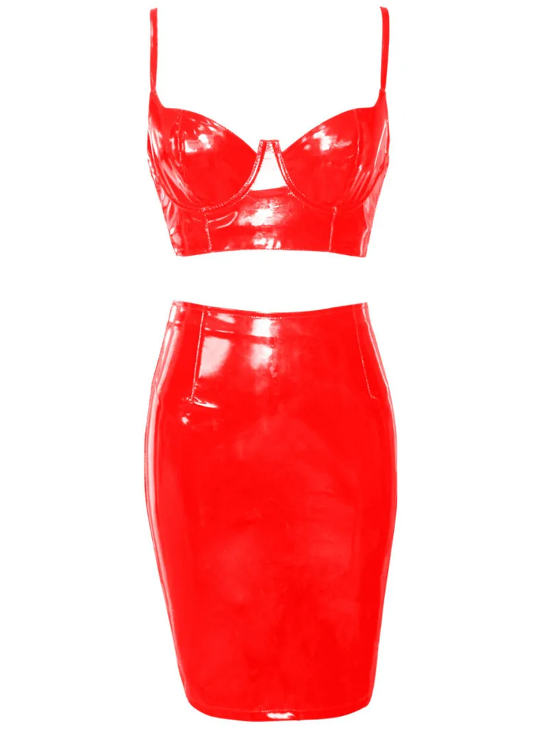 V-Neck Wetlook PVC PU Leather Two Piece Set for Women Faux Leather Crop Top & Bodycon Skirt 2 Piece Outfit Viquinis 2020 Ddlg