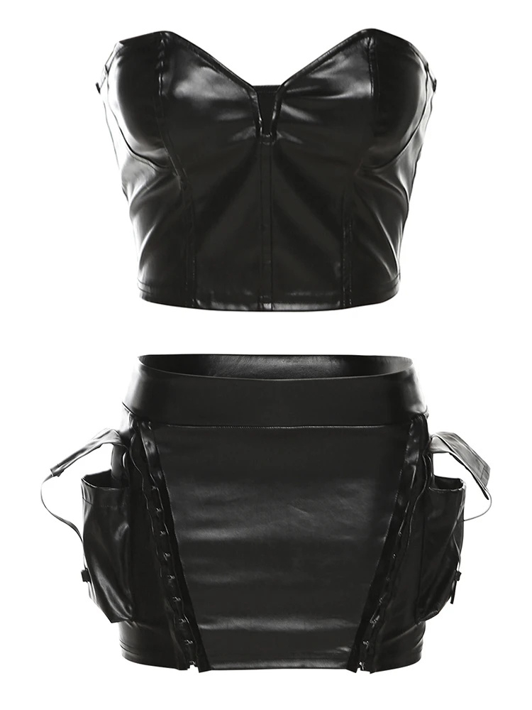 2 Piece Set  Hipster Faux Leather Skirt